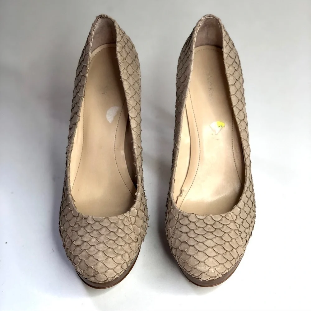 Calvin Klein Kendall fish skin textured scaly stilettos platform tan beige sand